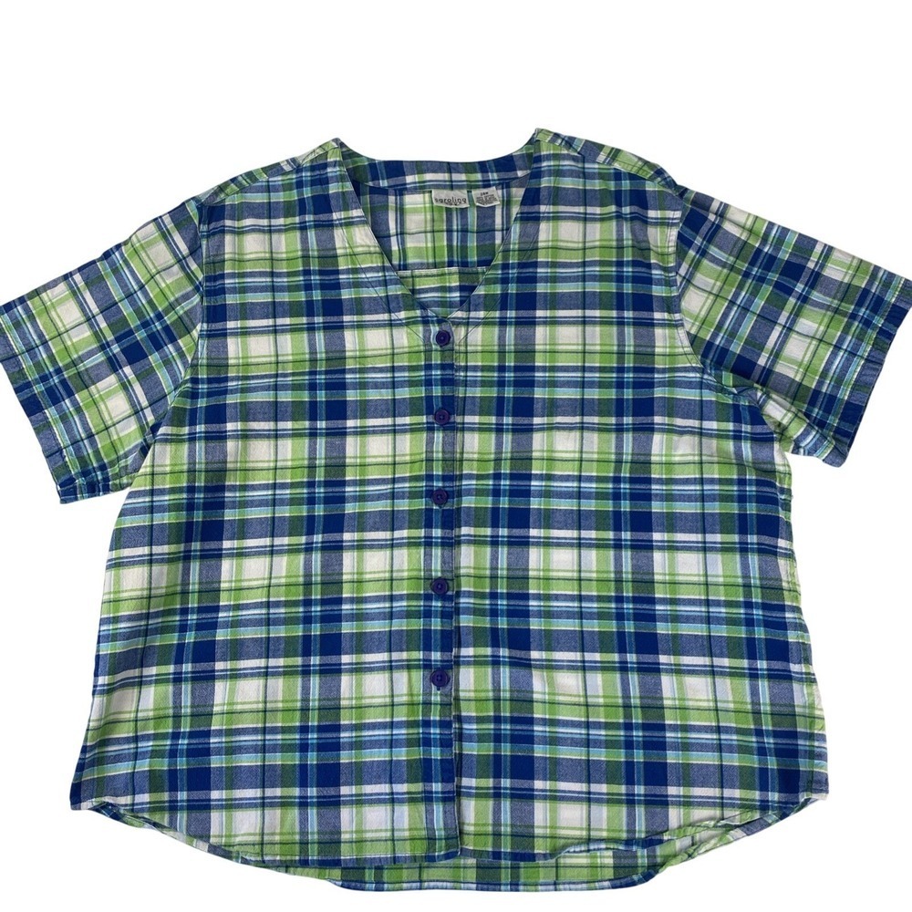 Carolina Colours Plus Plaid Button Up Shirt Women 24W Blue Green Cotton SS